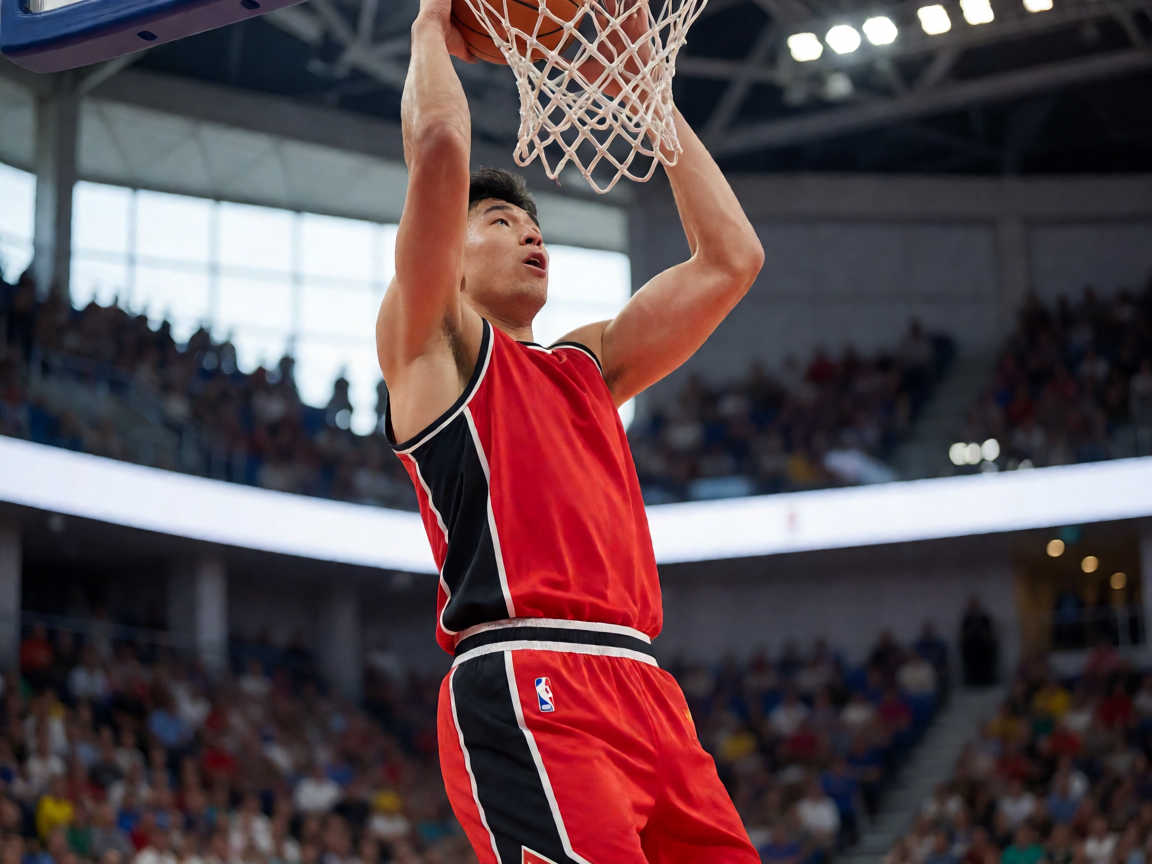 NBA篮球比赛现场，球员在空中扣篮的精彩瞬间